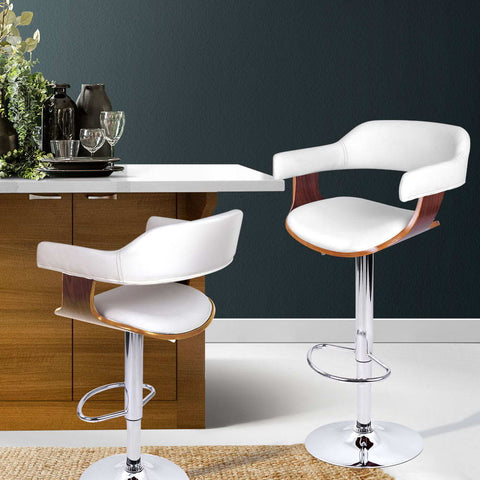 Artiss Bar Stools Gas Lift Leather w/Armrest White Chez Guru