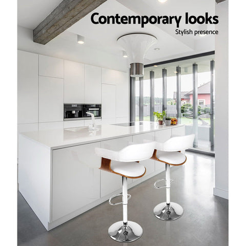 Artiss 2x Bar Stools Gas Lift Leather w/Armrest White Chez Guru