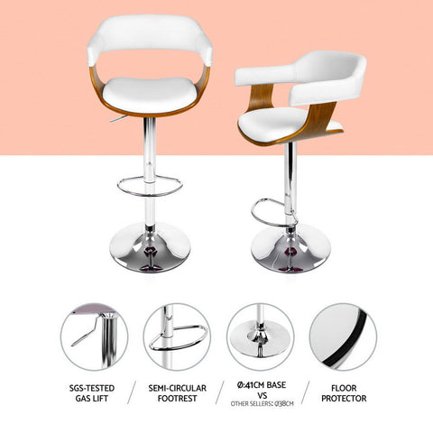 4x Artiss Bar Stools Gas Lift Leather with Armrest White Chez Guru