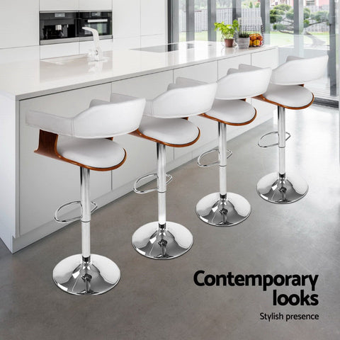 4x Artiss Bar Stools Gas Lift Leather with Armrest White Chez Guru