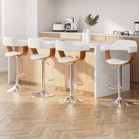 4x Artiss Bar Stools Gas Lift Leather with Armrest White Chez Guru