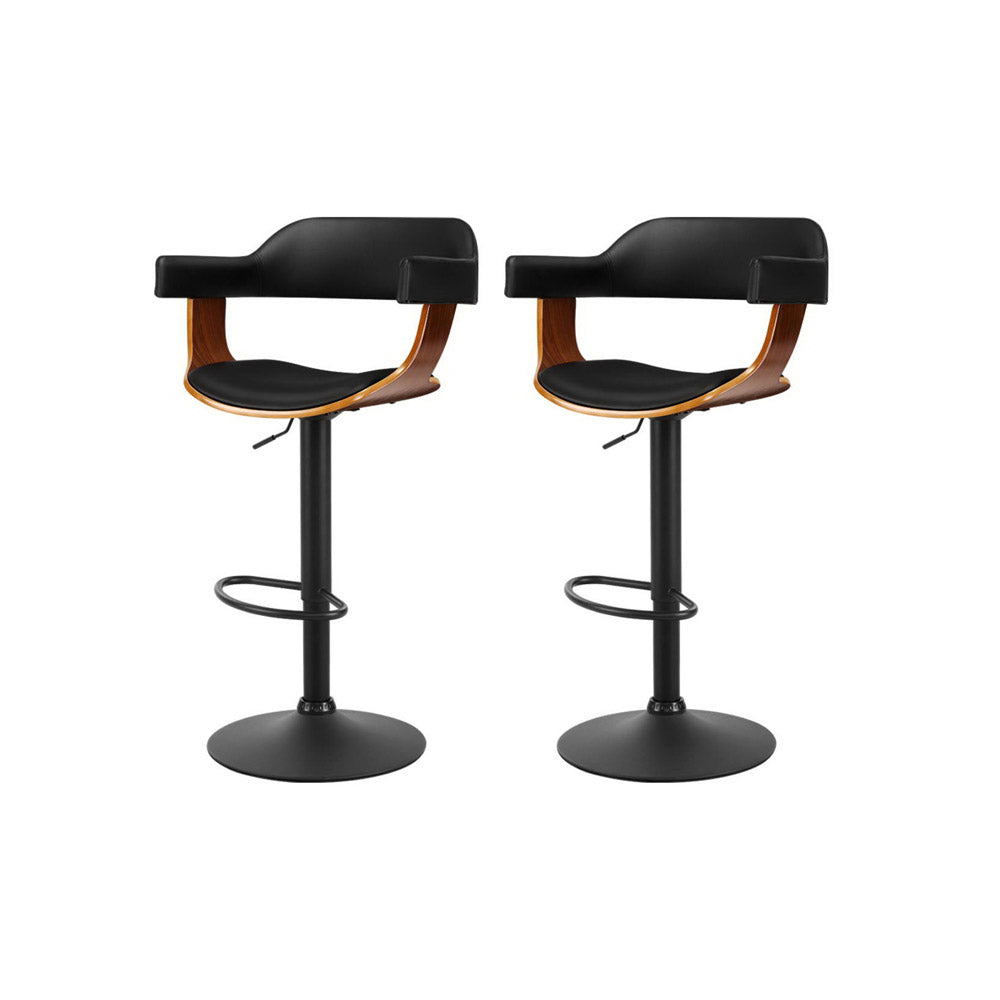 Artiss 2x Bar Stools Gas Lift Leather w/Armrest All Black Chez Guru