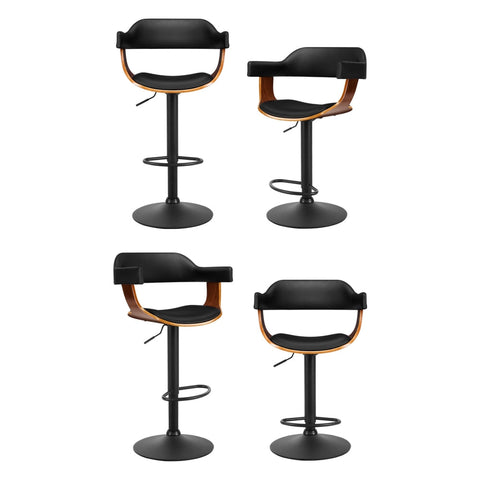 Artiss 4x Bar Stools Gas Lift Leather w/Armrest All Black Chez Guru