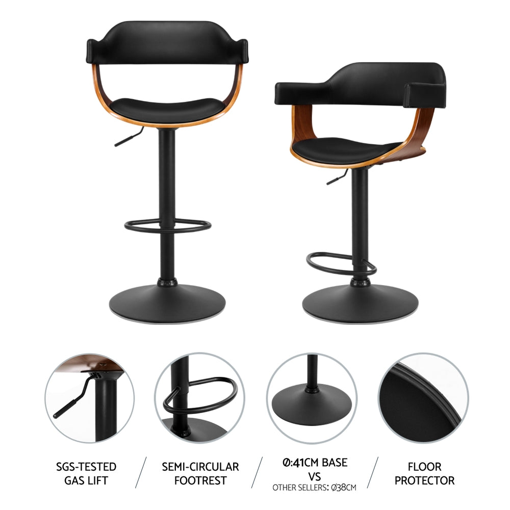 Artiss 4x Bar Stools Gas Lift Leather w/Armrest All Black Chez Guru