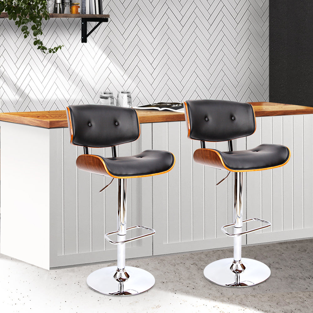 Artiss 2x Bar Stools Gas Lift Leather Black Chez Guru