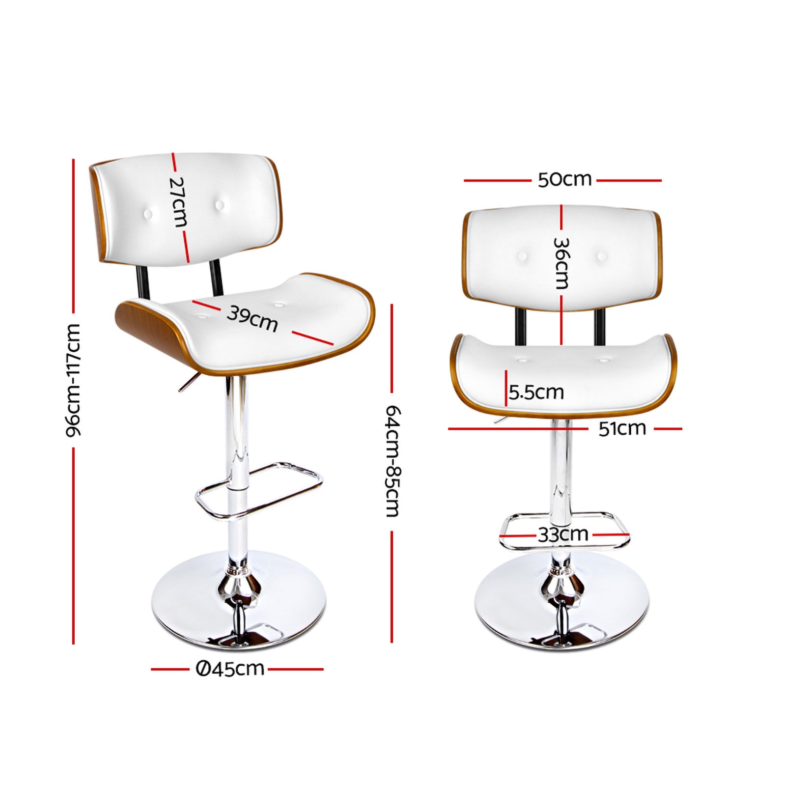 Artiss 2x Bar Stools Gas Lift Leather White Chez Guru