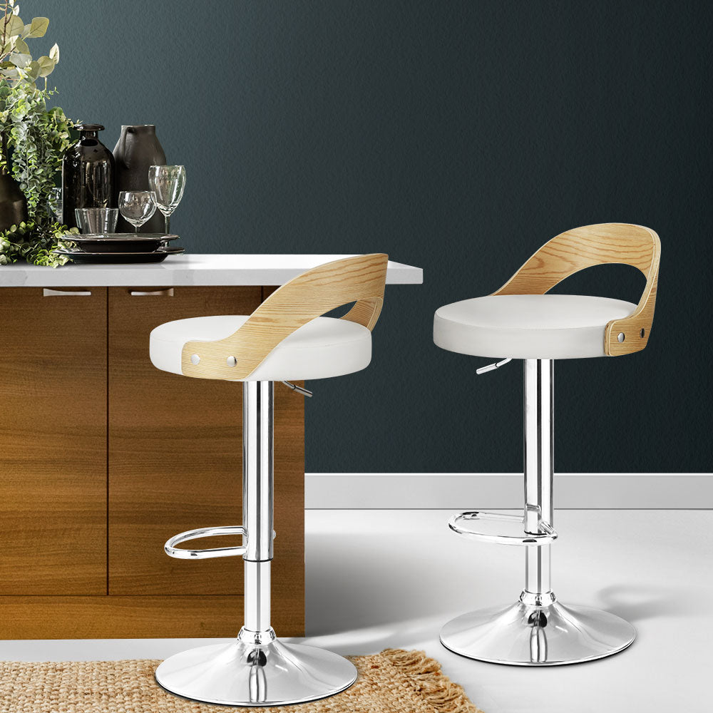Artiss 2x Bar Stools Adjustable Leather Padded White Chez Guru