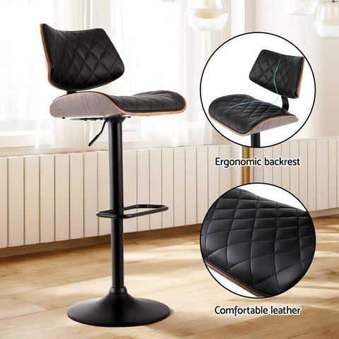 Artiss 2x Bar Stools Kitchen Dining Chairs Gas Lift Stool Wooden Leather Black Chez Guru