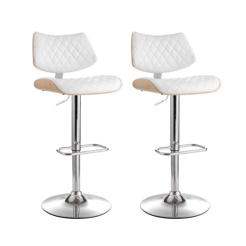 Artiss 2x Bar Stools Kitchen Dining Chairs Gas Lift Stool Wooden Leather White Chez Guru