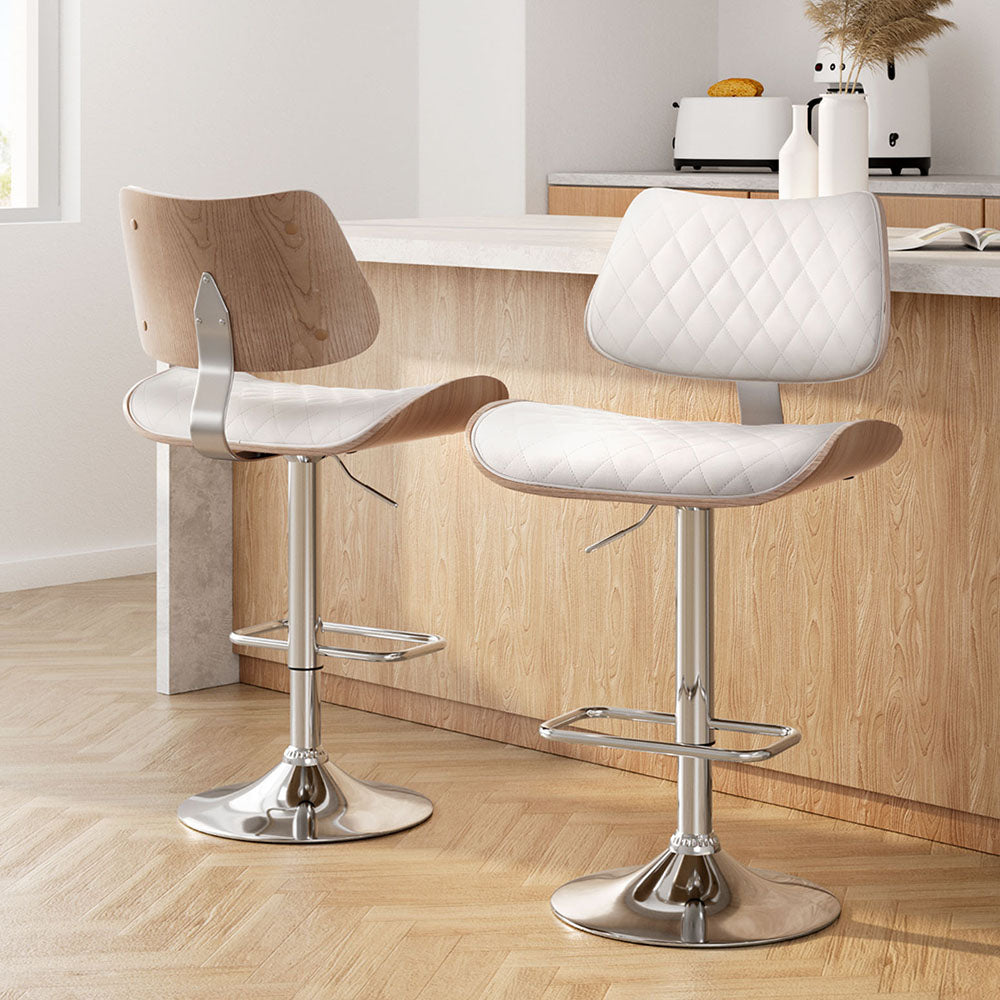 Artiss 2x Bar Stools Kitchen Dining Chairs Gas Lift Stool Wooden Leather White Chez Guru