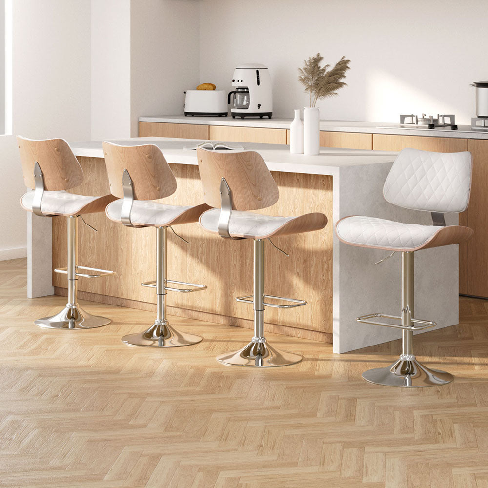 Artiss 4x Bar Stools Kitchen Dining Chairs Gas Lift Stool Wooden Leather White Chez Guru