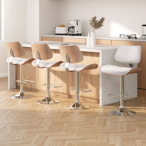 Artiss 4x Bar Stools Kitchen Dining Chairs Gas Lift Stool Wooden Leather White Chez Guru