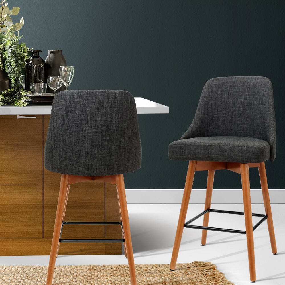 Artiss 2x Bar Stools Swivel Seat Wooden Charcoal Chez Guru