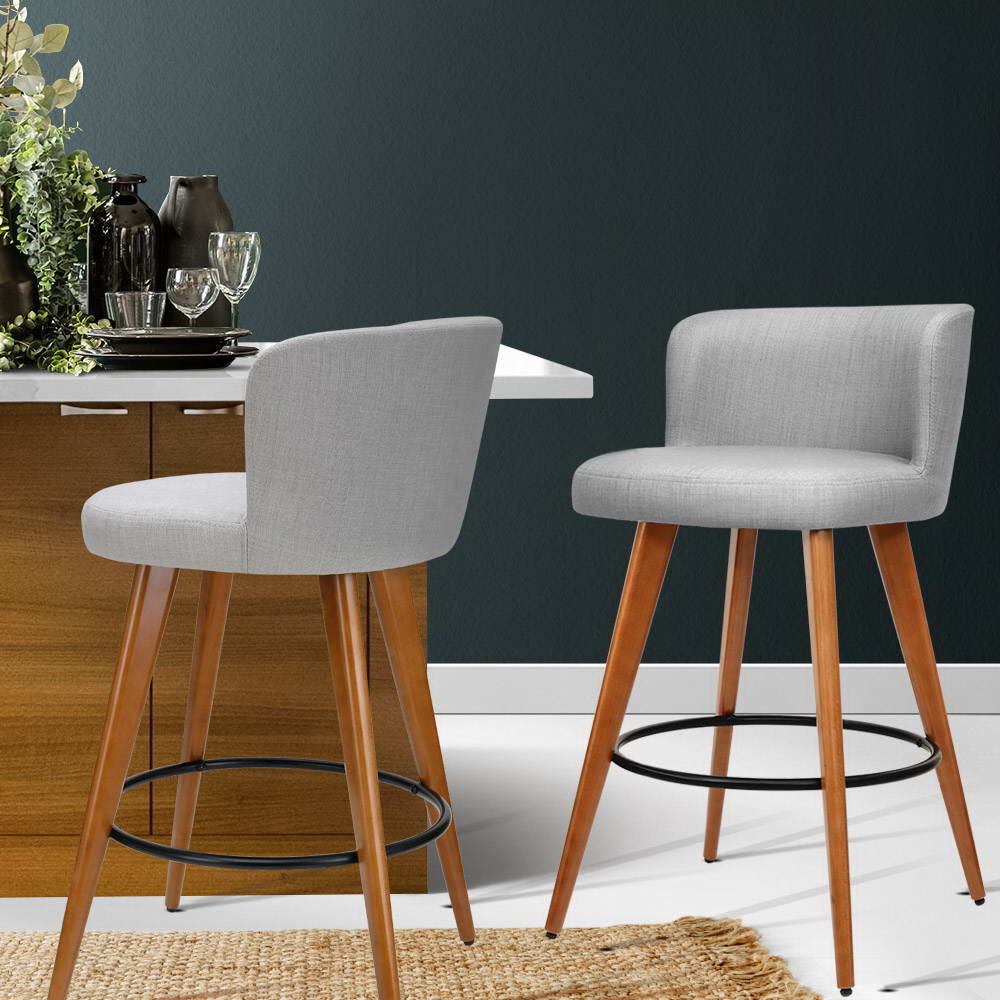Artiss 2x Bar Stools Linen Padded Wooden Grey Chez Guru