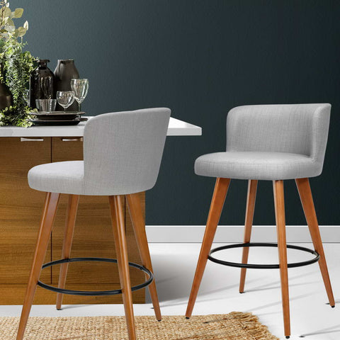 Artiss 2x Bar Stools Linen Padded Wooden Grey Chez Guru