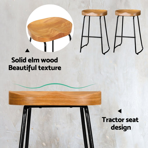 Artiss 2x Bar Stools Tractor Seat 65cm Wooden Chez Guru