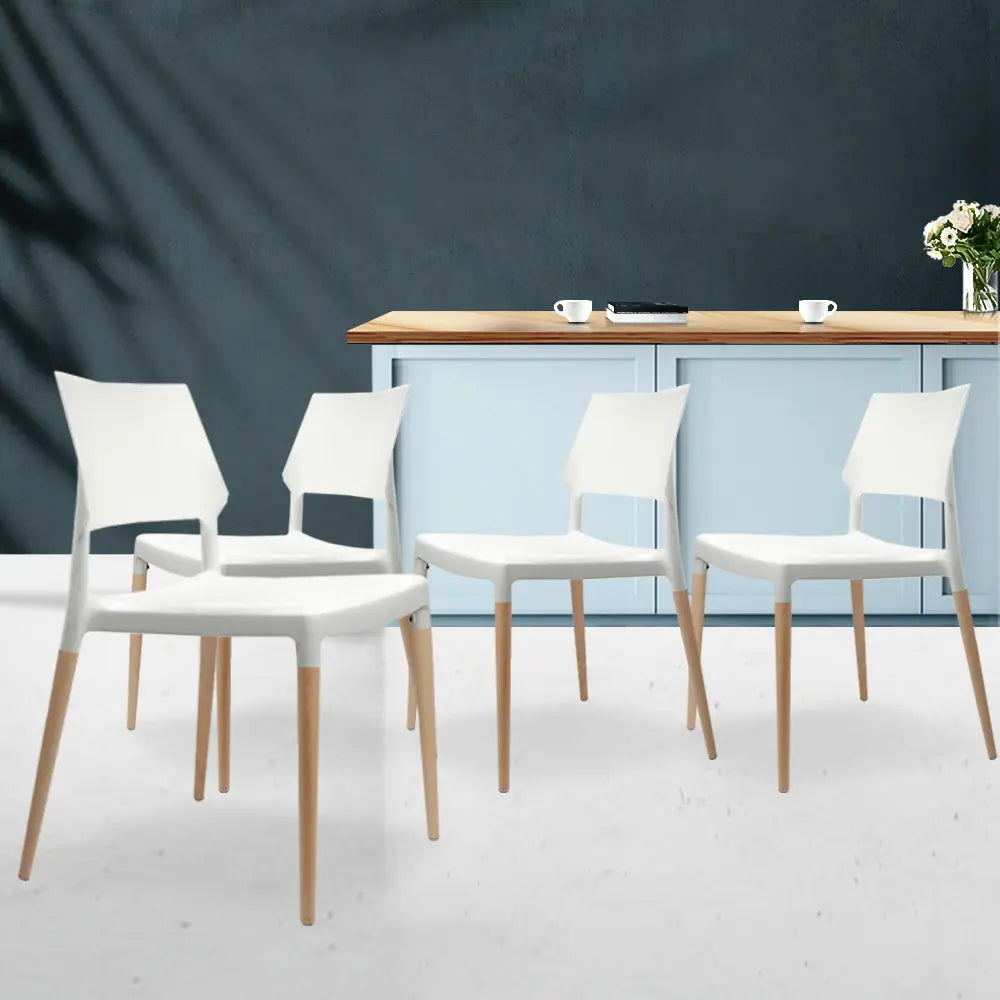 Artiss Dining Chairs Set of 4 Plastic Wooden Stackable White Chez Guru