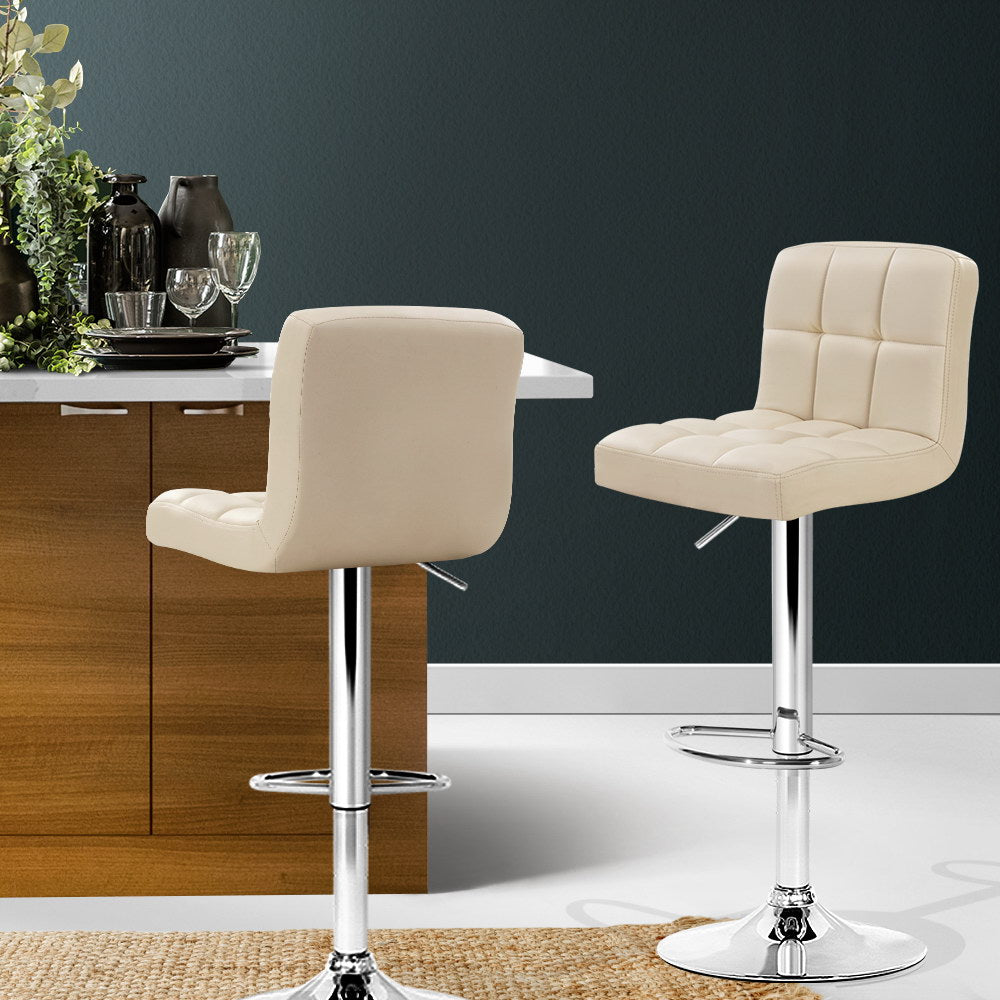 Artiss 2x Bar Stools Leather Gas Lift Beige Chez Guru