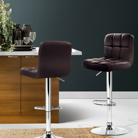 Artiss 2x Bar Stools Leather Gas Lift Brown Chez Guru