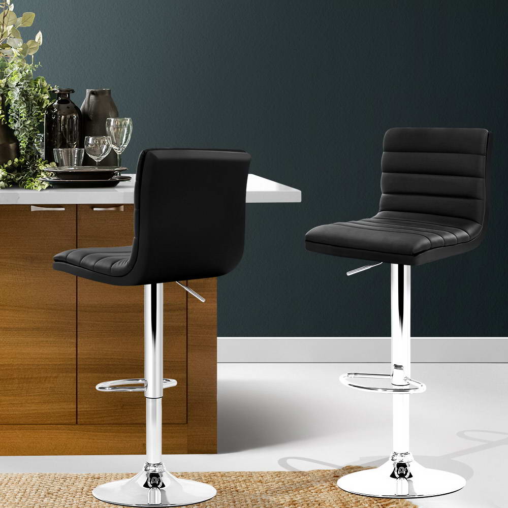 Artiss 2x Bar Stools Padded Leather Gas Lift Black Chez Guru