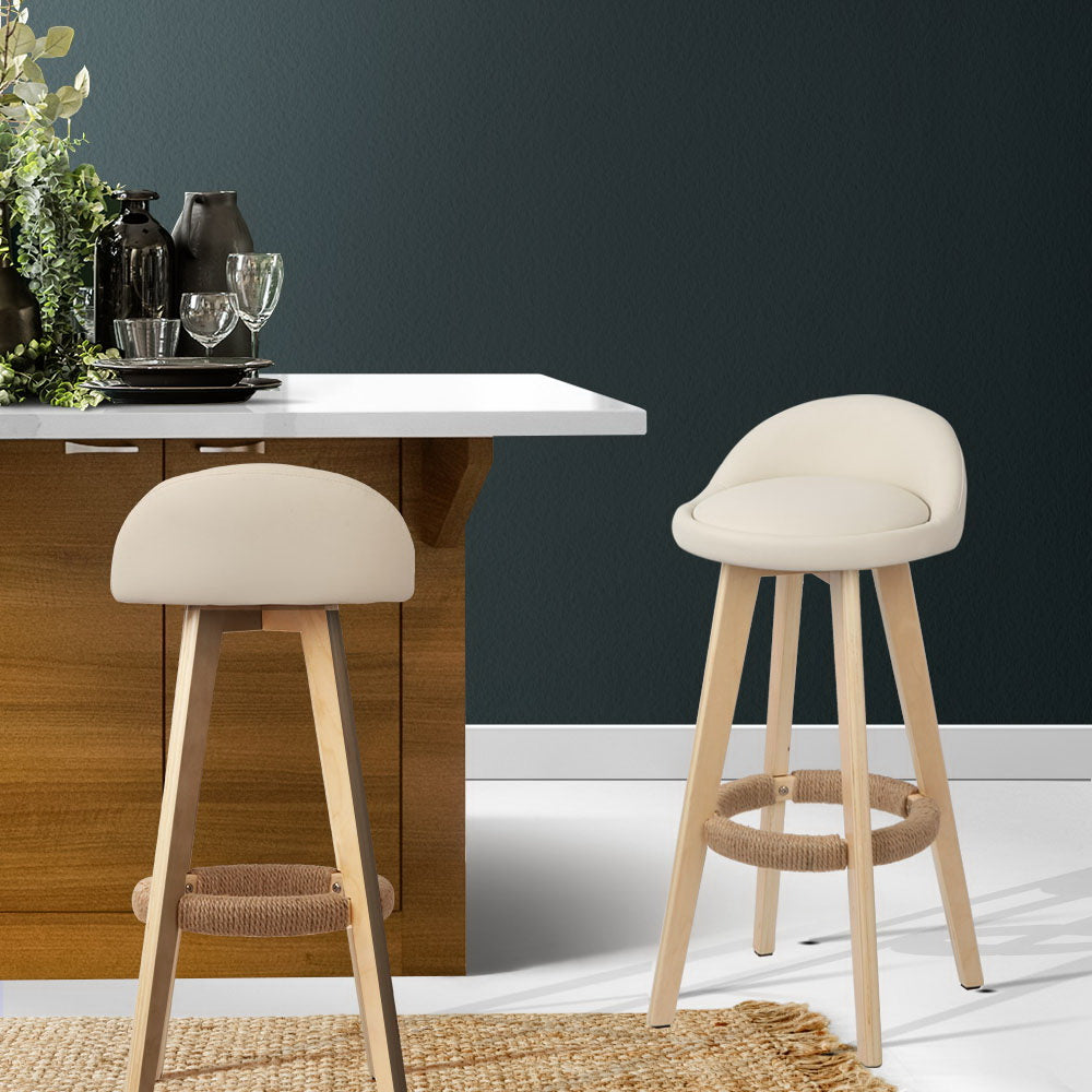Artiss 2x Bar Stools Padded Leather Wooden Beige Chez Guru