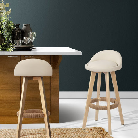 Artiss 2x Bar Stools Padded Leather Wooden Beige Chez Guru