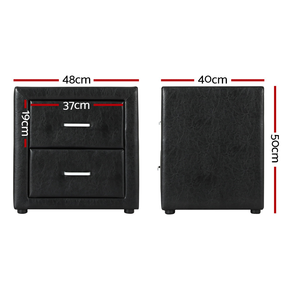 Artiss Bedside Table 2 Drawers Side Table Leather - CADEN Black Chez Guru