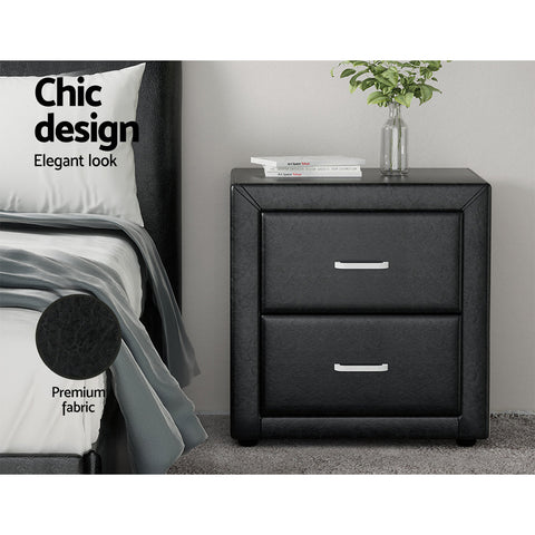 Artiss Bedside Table 2 Drawers Side Table Leather - CADEN Black Chez Guru