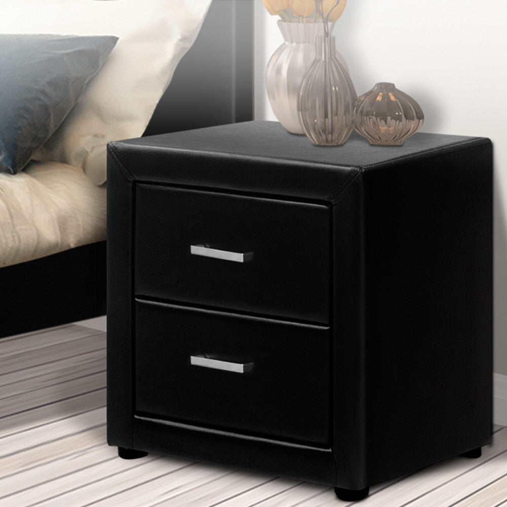 Artiss Bedside Table 2 Drawers Side Table Leather - CADEN Black Chez Guru
