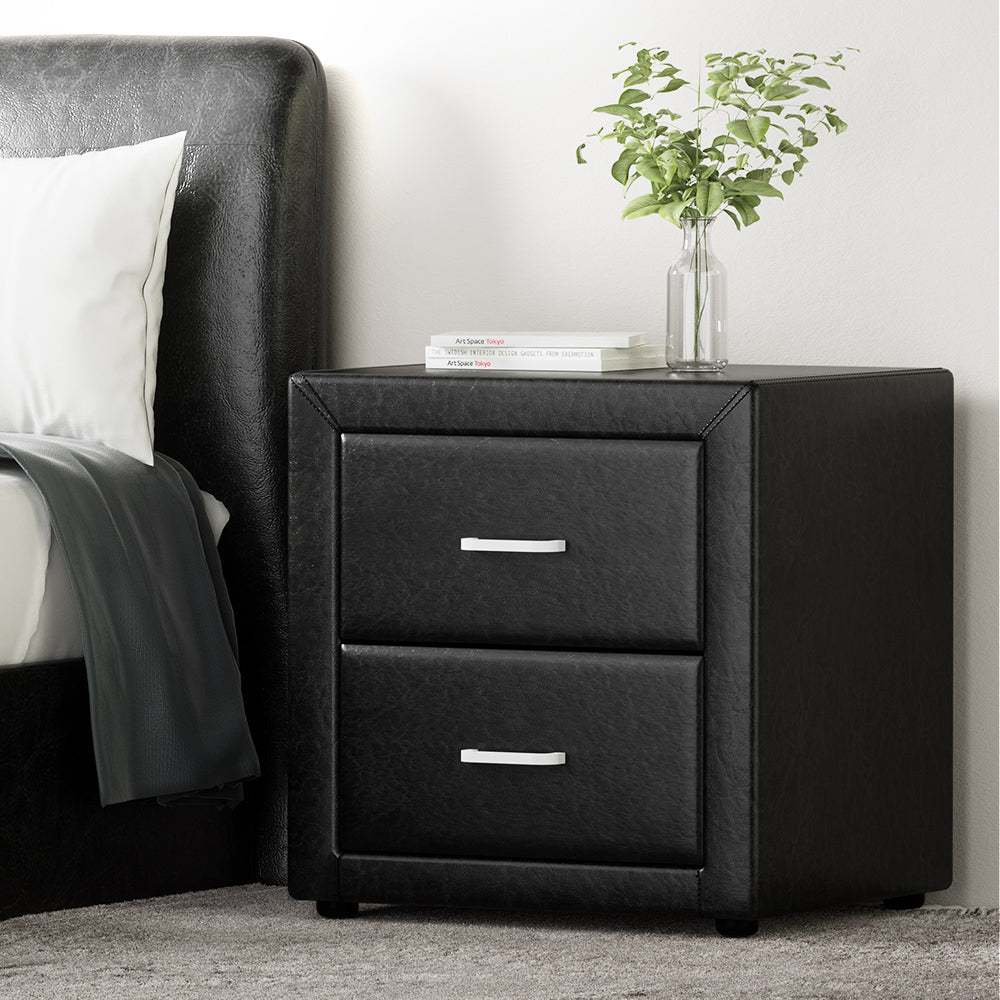 Artiss Bedside Table 2 Drawers Side Table Leather - CADEN Black Chez Guru