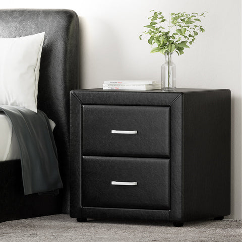 Artiss Bedside Table 2 Drawers Side Table Leather - CADEN Black Chez Guru