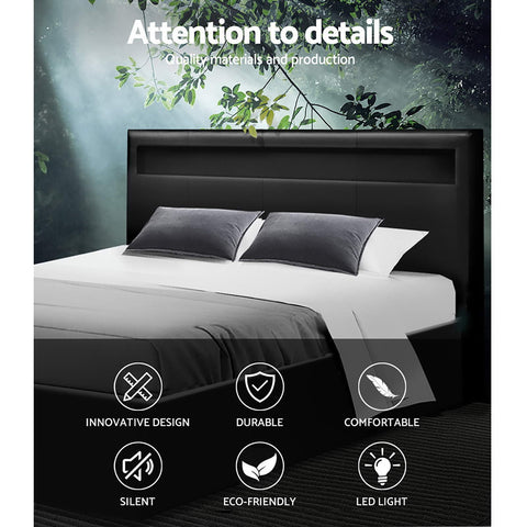Artiss Bed Frame Double Size LED Gas Lift Black COLE Chez Guru