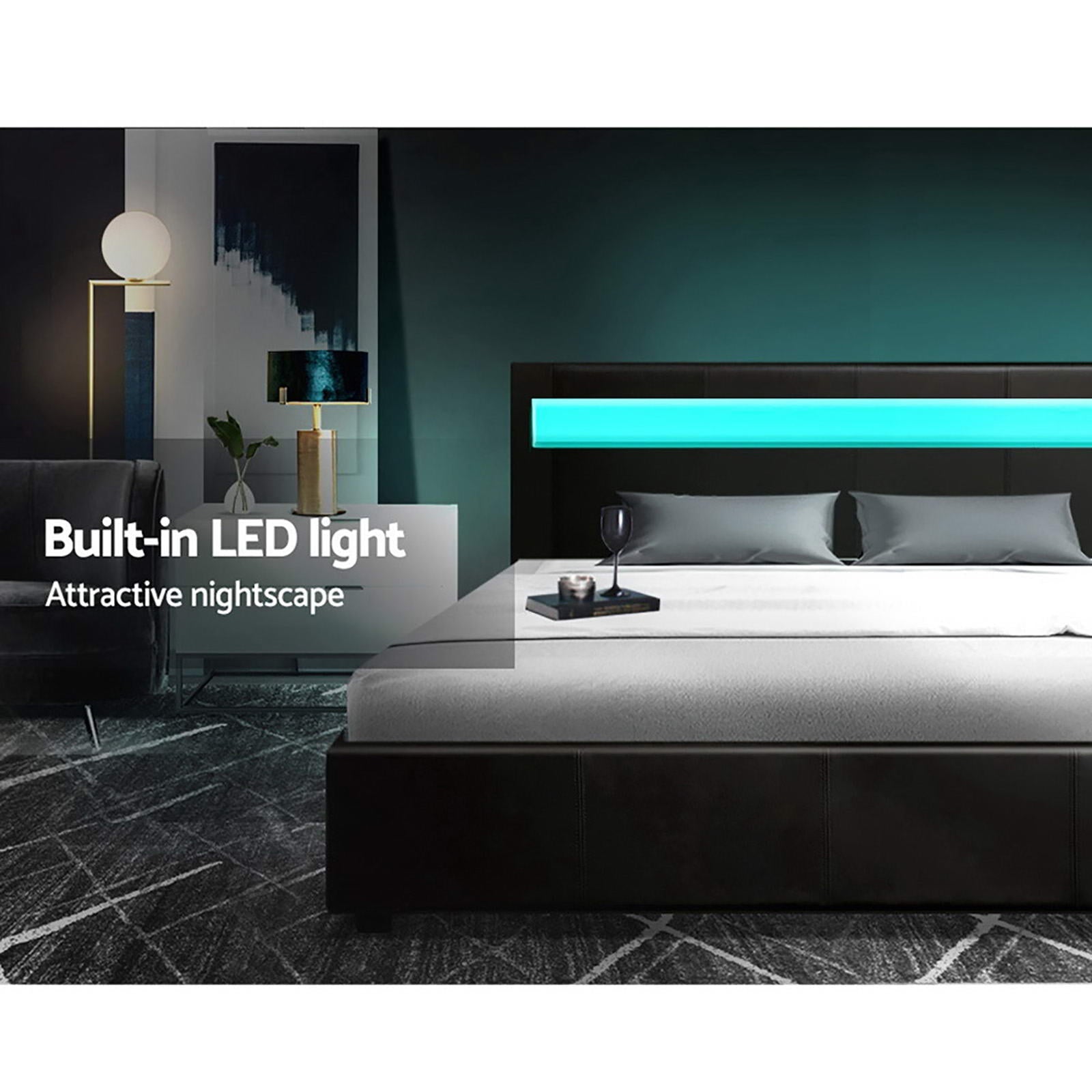 Artiss Bed Frame Double Size LED Gas Lift Black COLE Chez Guru