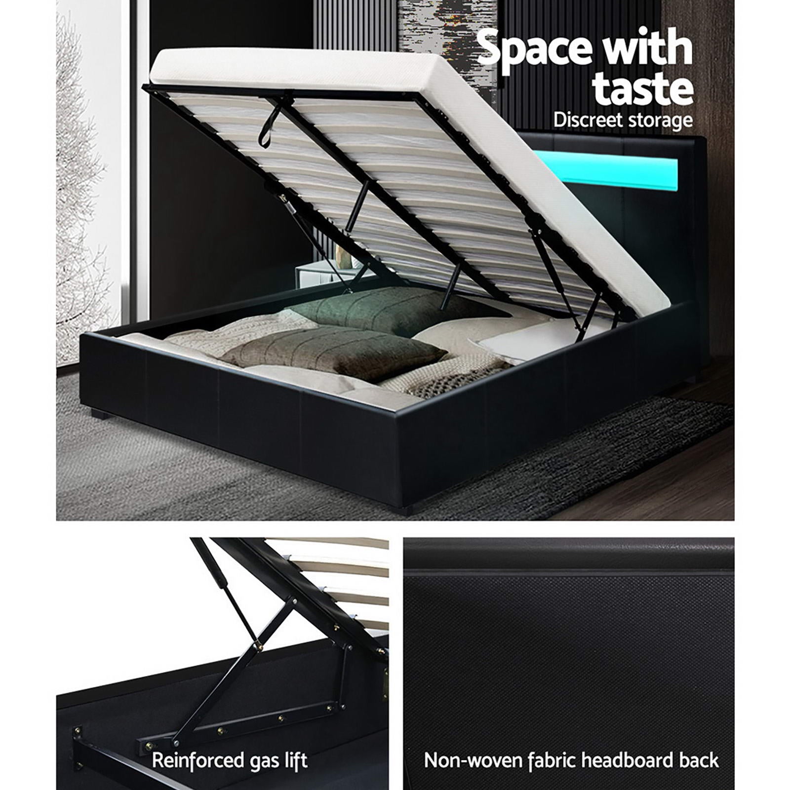 Artiss Bed Frame Double Size LED Gas Lift Black COLE Chez Guru