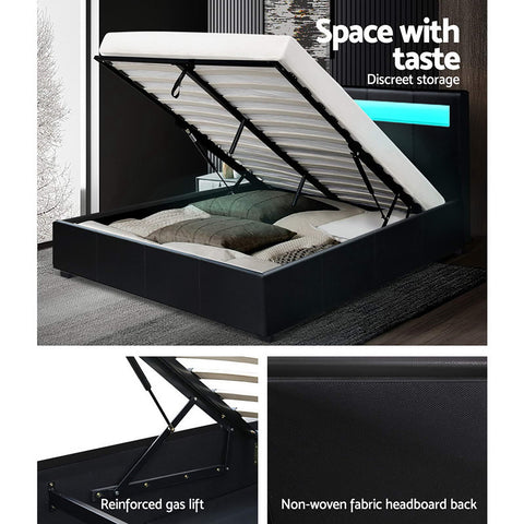 Artiss Bed Frame Double Size LED Gas Lift Black COLE Chez Guru