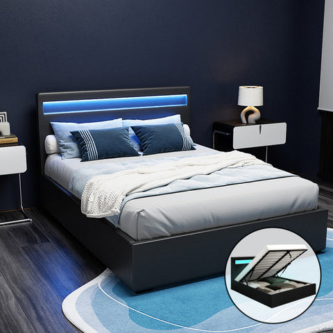 Artiss Bed Frame Double Size LED Gas Lift Black COLE Chez Guru