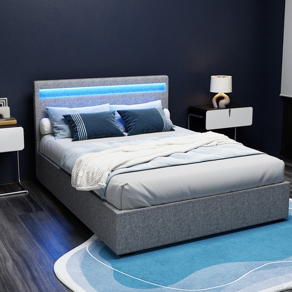 Artiss Bed Frame Double Size LED Gas Lift Grey COLE Chez Guru