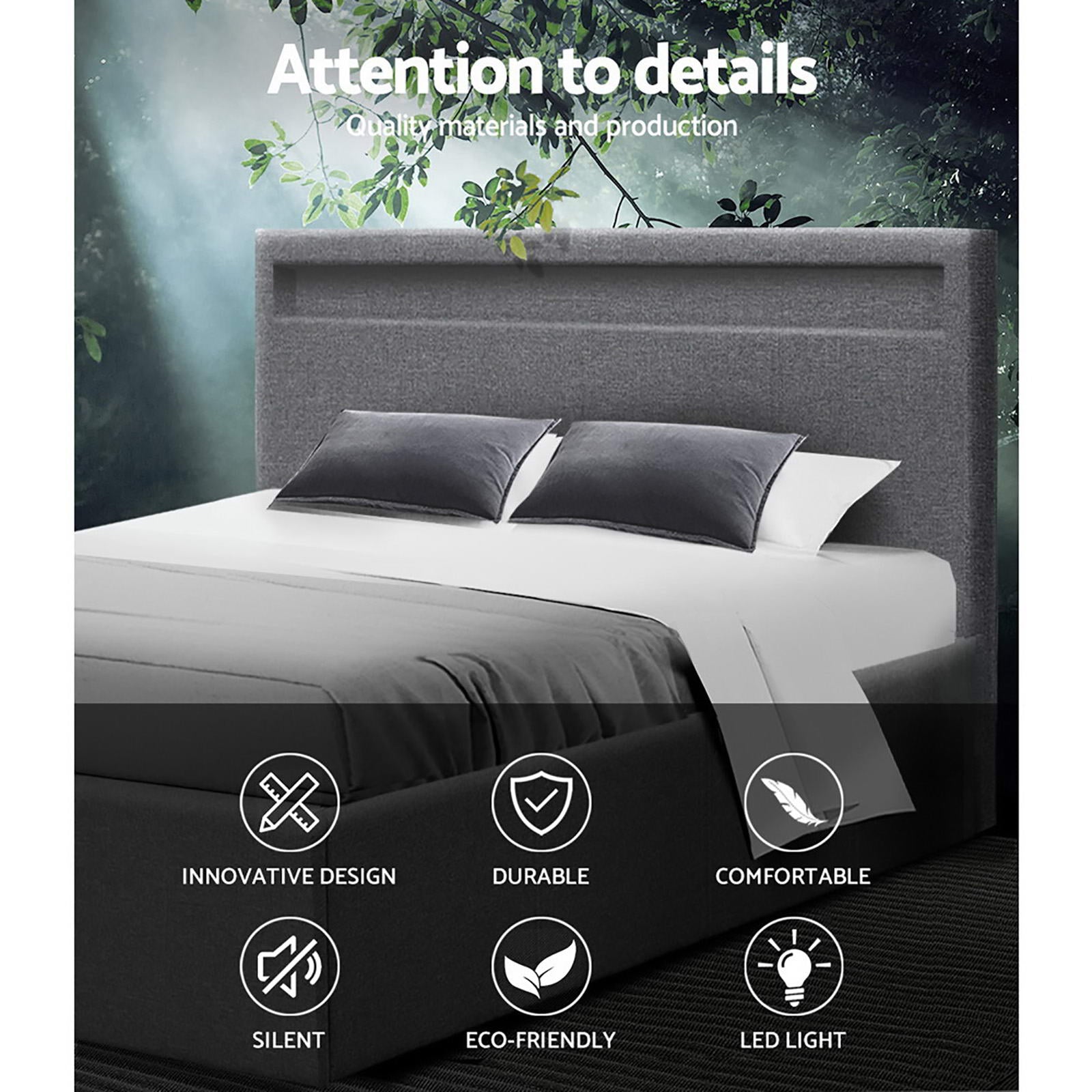 Artiss Bed Frame Double Size LED Gas Lift Grey COLE Chez Guru