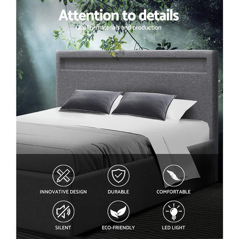 Artiss Bed Frame Double Size LED Gas Lift Grey COLE Chez Guru