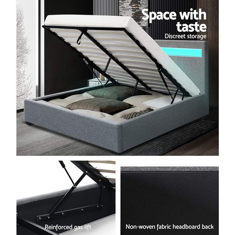 Artiss Bed Frame Double Size LED Gas Lift Grey COLE Chez Guru
