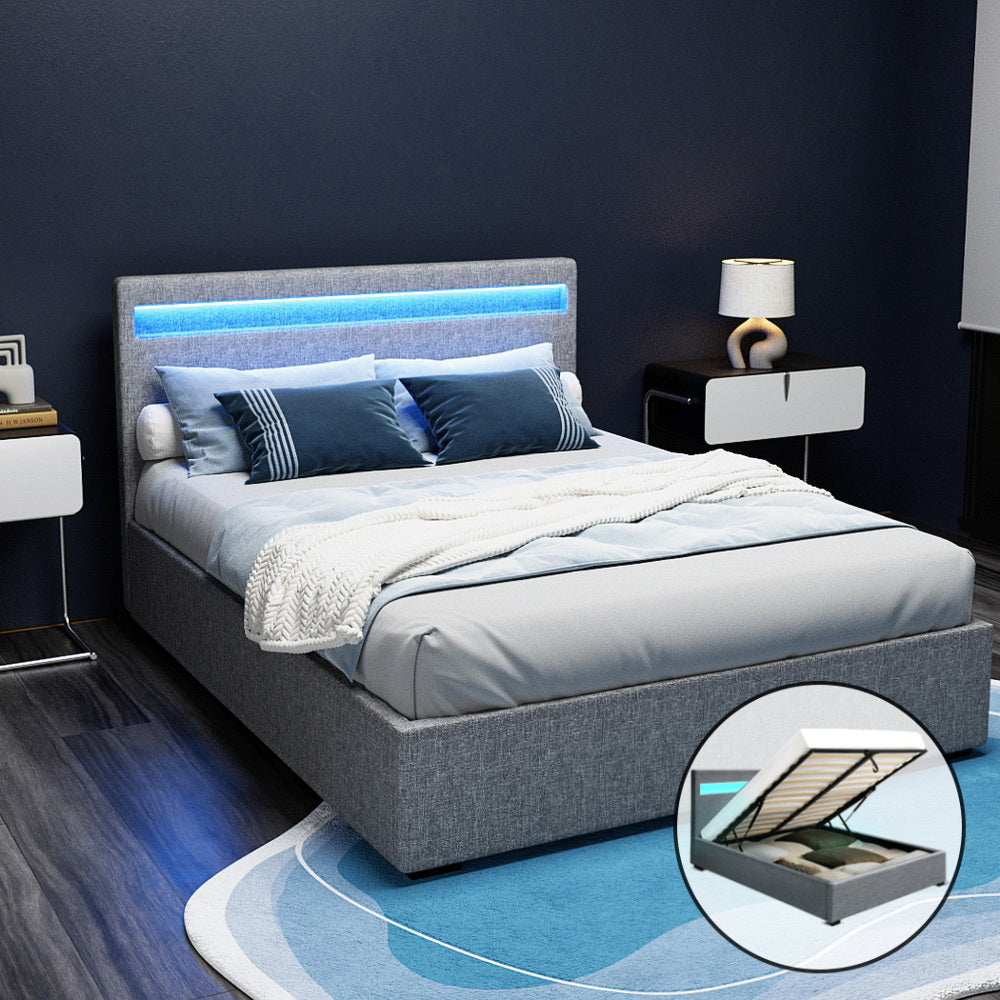 Artiss Bed Frame Double Size LED Gas Lift Grey COLE Chez Guru