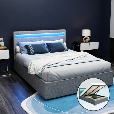 Artiss Bed Frame Double Size LED Gas Lift Grey COLE Chez Guru