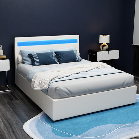Artiss Bed Frame Double Size LED Gas Lift White COLE Chez Guru