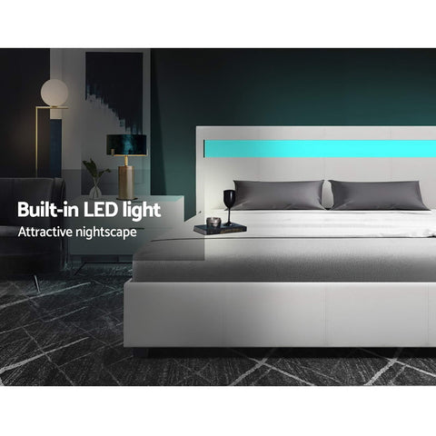 Artiss Bed Frame Double Size LED Gas Lift White COLE Chez Guru