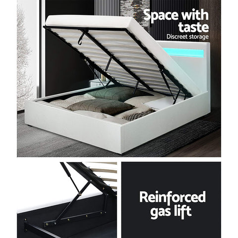 Artiss Bed Frame Double Size LED Gas Lift White COLE Chez Guru