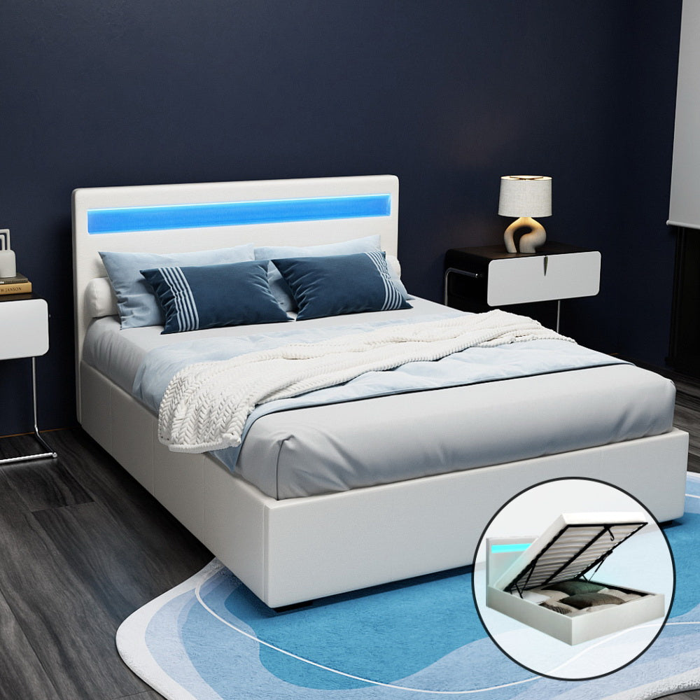 Artiss Bed Frame Double Size LED Gas Lift White COLE Chez Guru