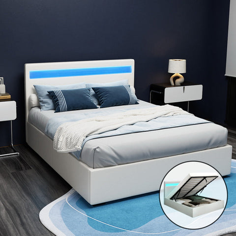 Artiss Bed Frame Double Size LED Gas Lift White COLE Chez Guru