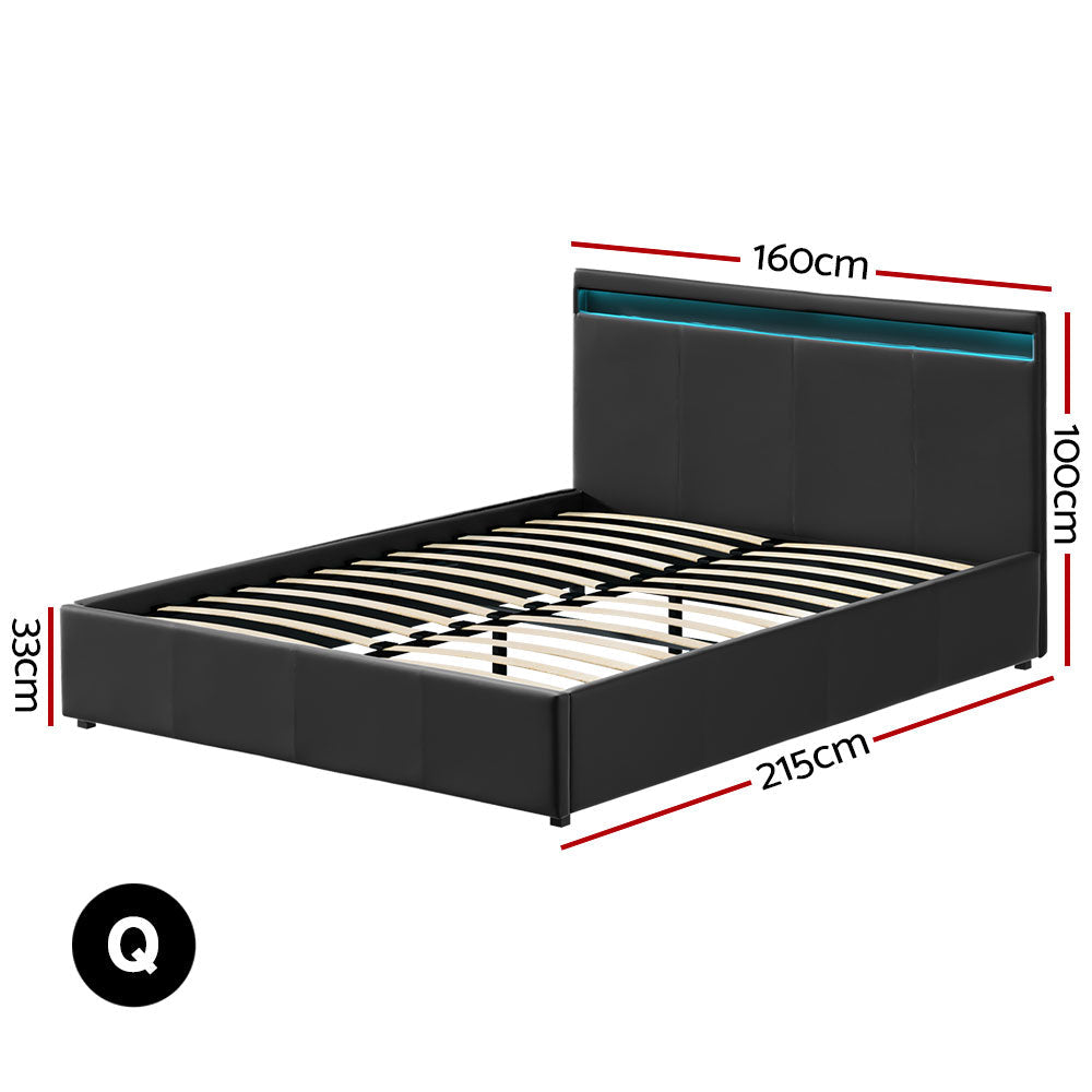 Artiss Bed Frame Queen Size LED Gas Lift Black COLE Chez Guru