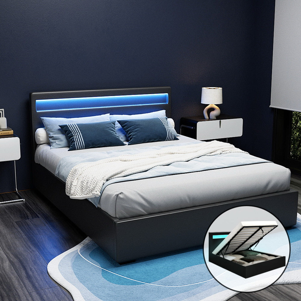 Artiss Bed Frame Queen Size LED Gas Lift Black COLE Chez Guru