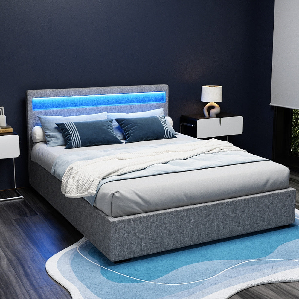 Artiss Bed Frame Queen Size LED Gas Lift Grey COLE Chez Guru